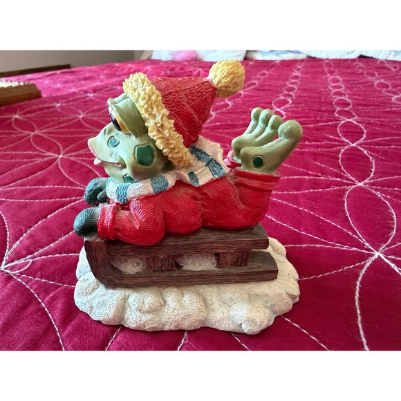 Cute Winter Frog Figurine Sledding Cozy Hat Scarf Christmas Holiday Decor - Picture 2 of 7
